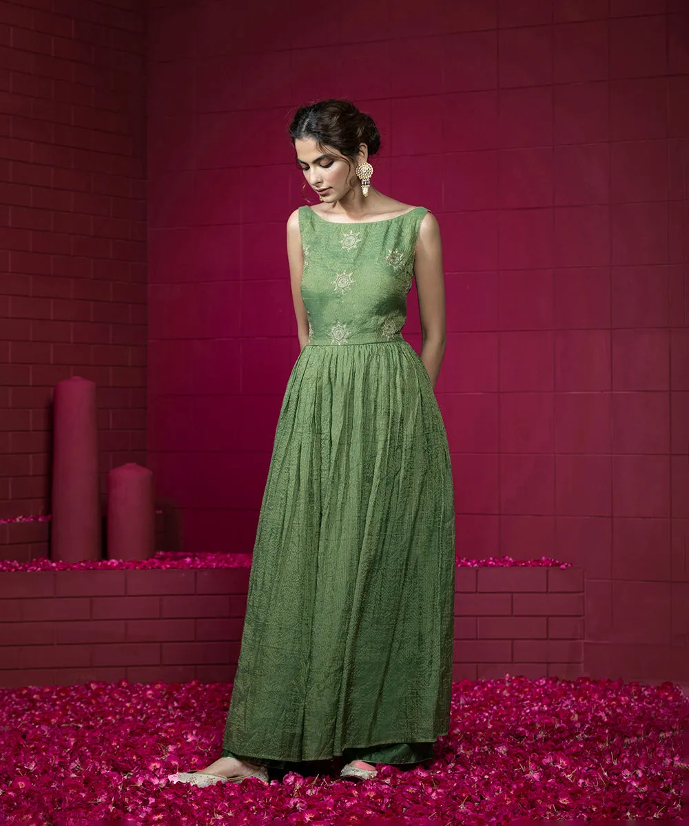 Green Handloom Embroidered Anarkali Kurta in Tissue Chanderi with Organza Dupatta and Wide Pants