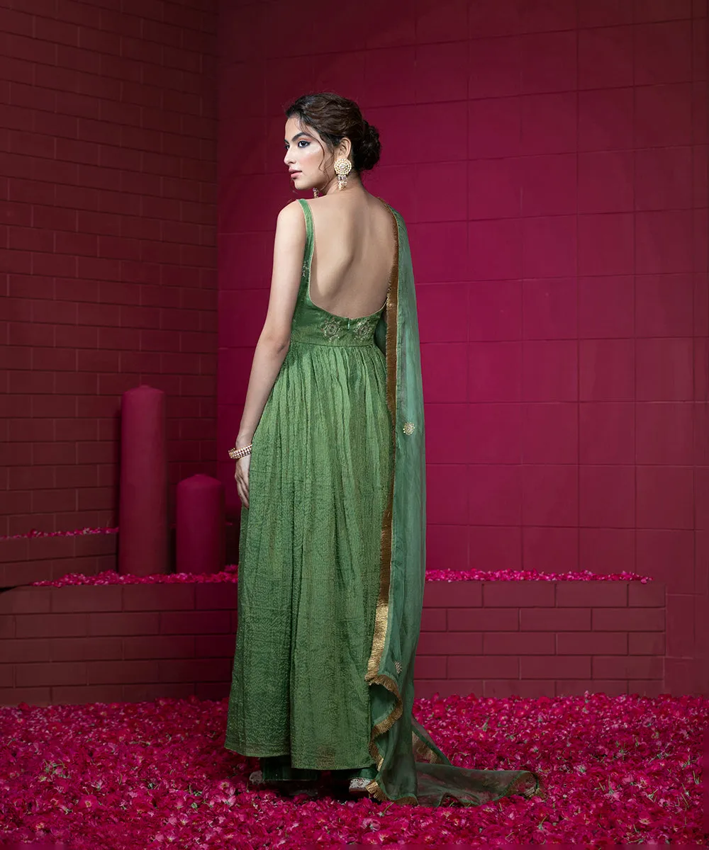 Green Handloom Embroidered Anarkali Kurta in Tissue Chanderi with Organza Dupatta and Wide Pants