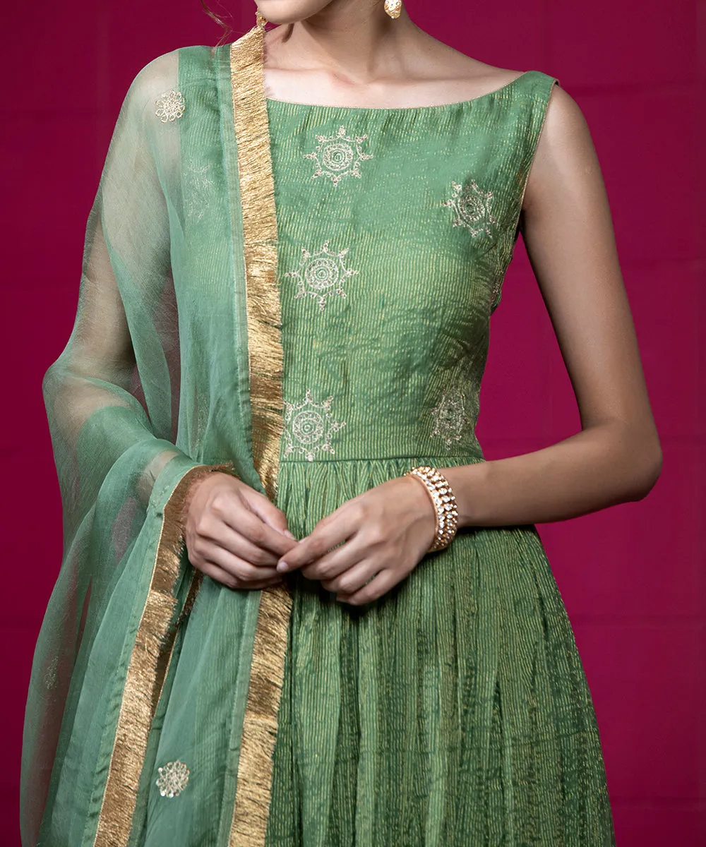 Green Handloom Embroidered Anarkali Kurta in Tissue Chanderi with Organza Dupatta and Wide Pants