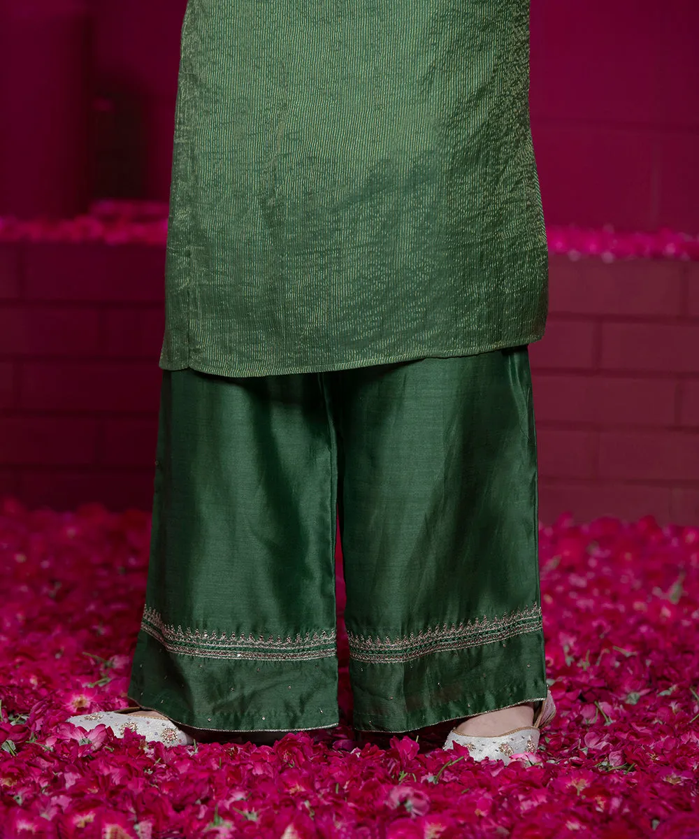 Green Handloom Embroidered Anarkali Kurta in Tissue Chanderi with Organza Dupatta and Wide Pants