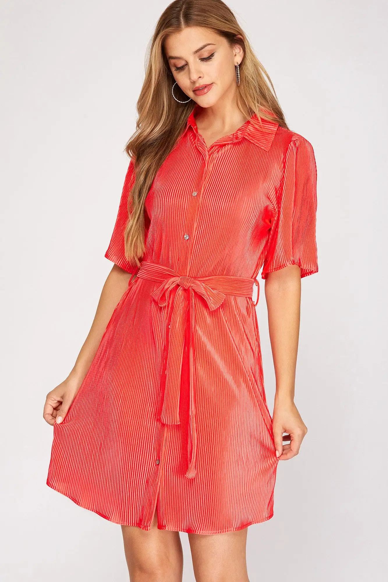 HALF SLEEVE PLISSE WOVEN BUTTON DOWN DRESS- CORAL