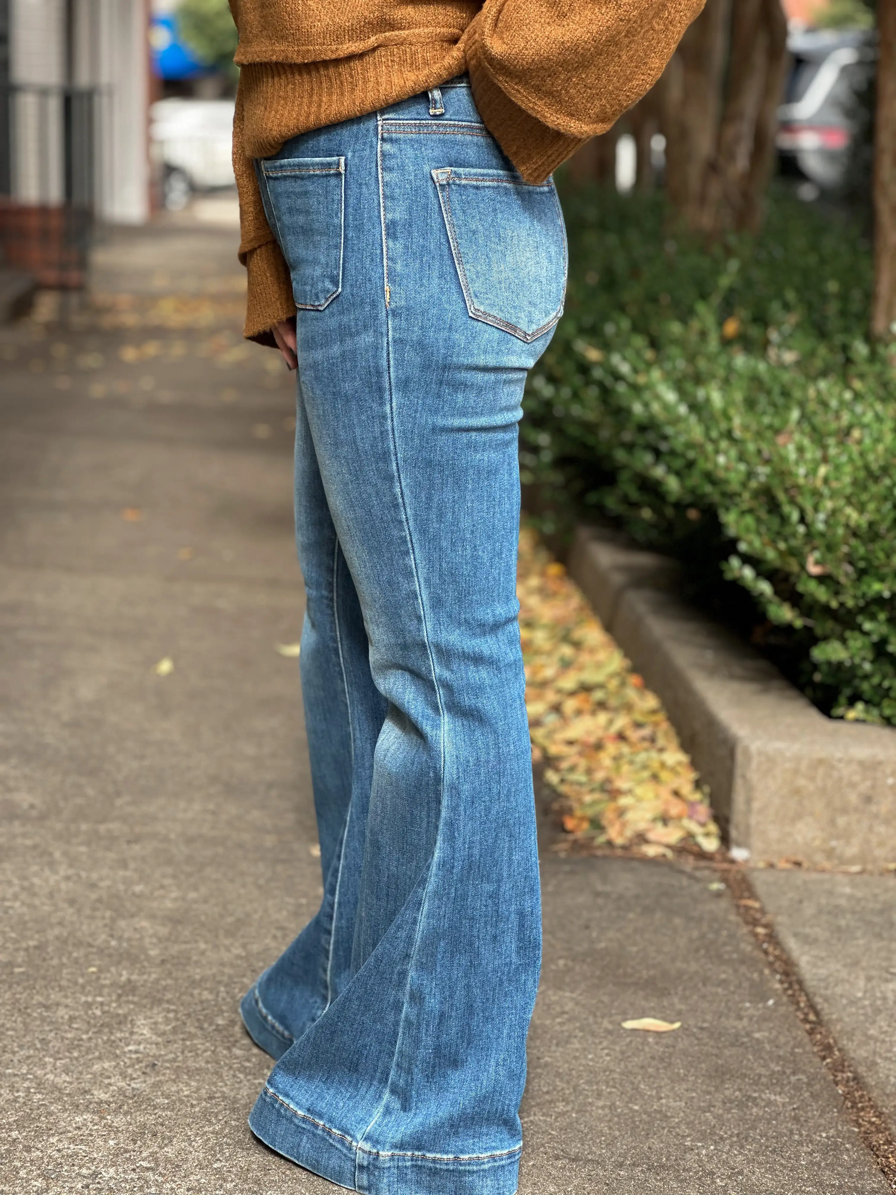 High Rise Patch Pocket Bell Bottom Jeans