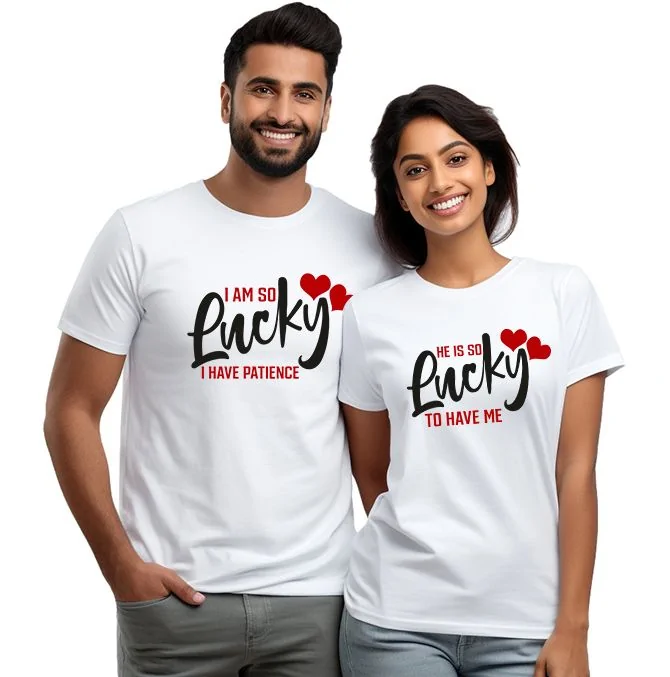 I am so lucky-He is so lucky Couple T-shirt (White)