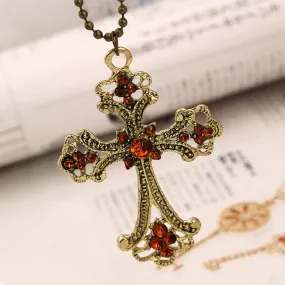 Jewelry Punk Cross Shape Pendant Necklace Vintage Bronze Champagne Crystal Rope Chain Necklace For Women Style SM6