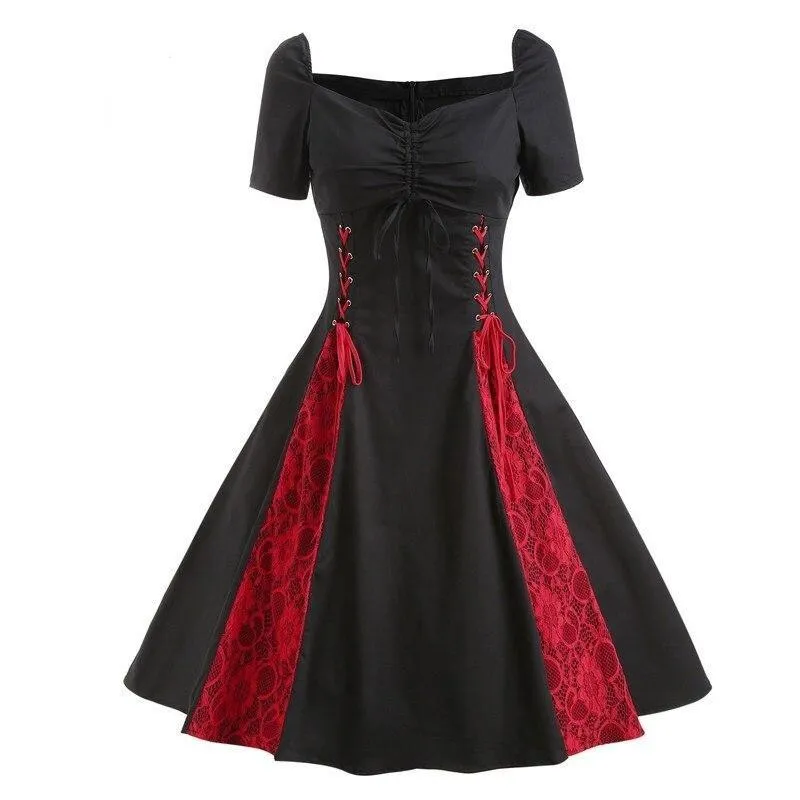 Lace Contrast Tunic Gothic Party Rockabilly Women Ruched Bust Tie Front Lace Up Red Vintage Dress