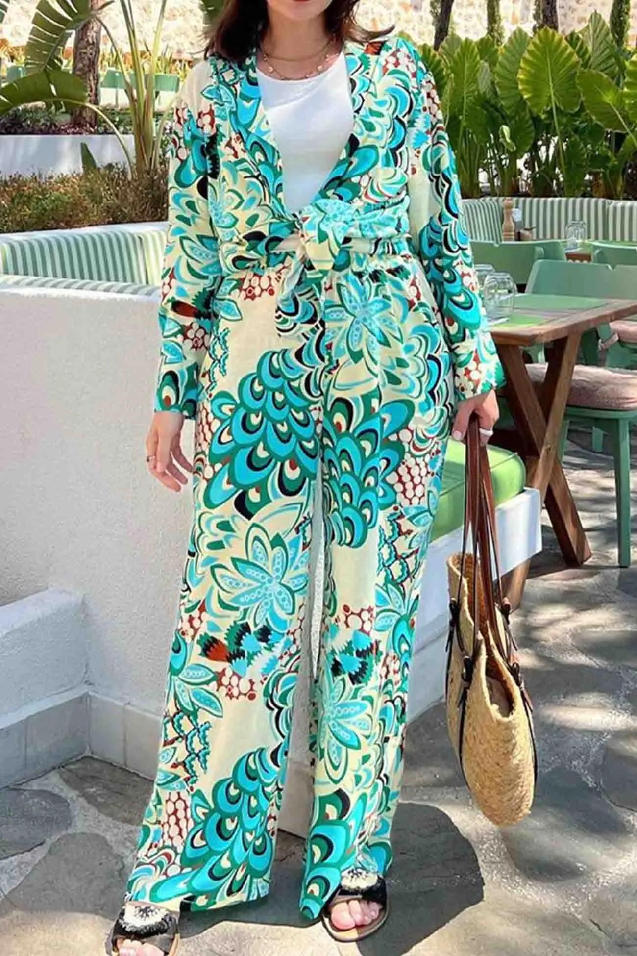 Lapel Printed Wide Leg Pants Two-Piece Set