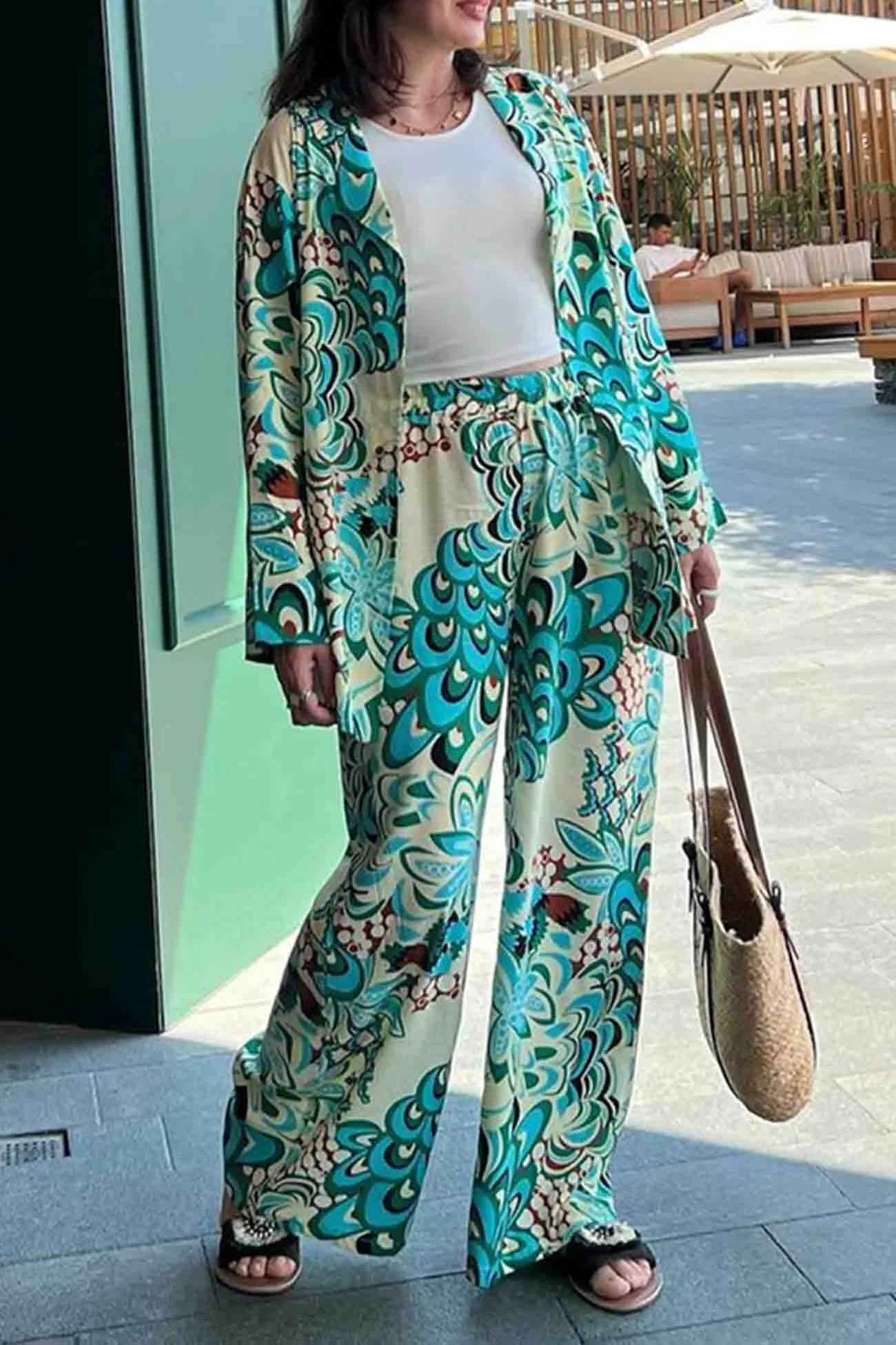 Lapel Printed Wide Leg Pants Two-Piece Set