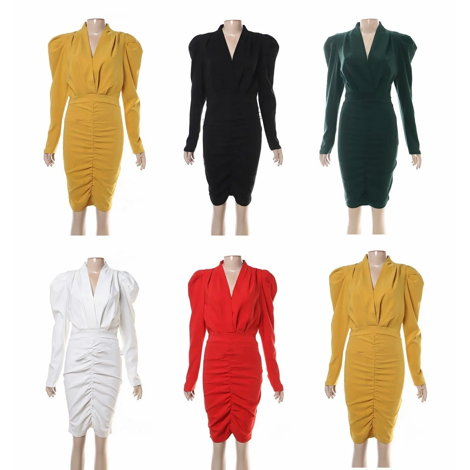 Long Sleeve V-neck Ruched Bodycon Dress