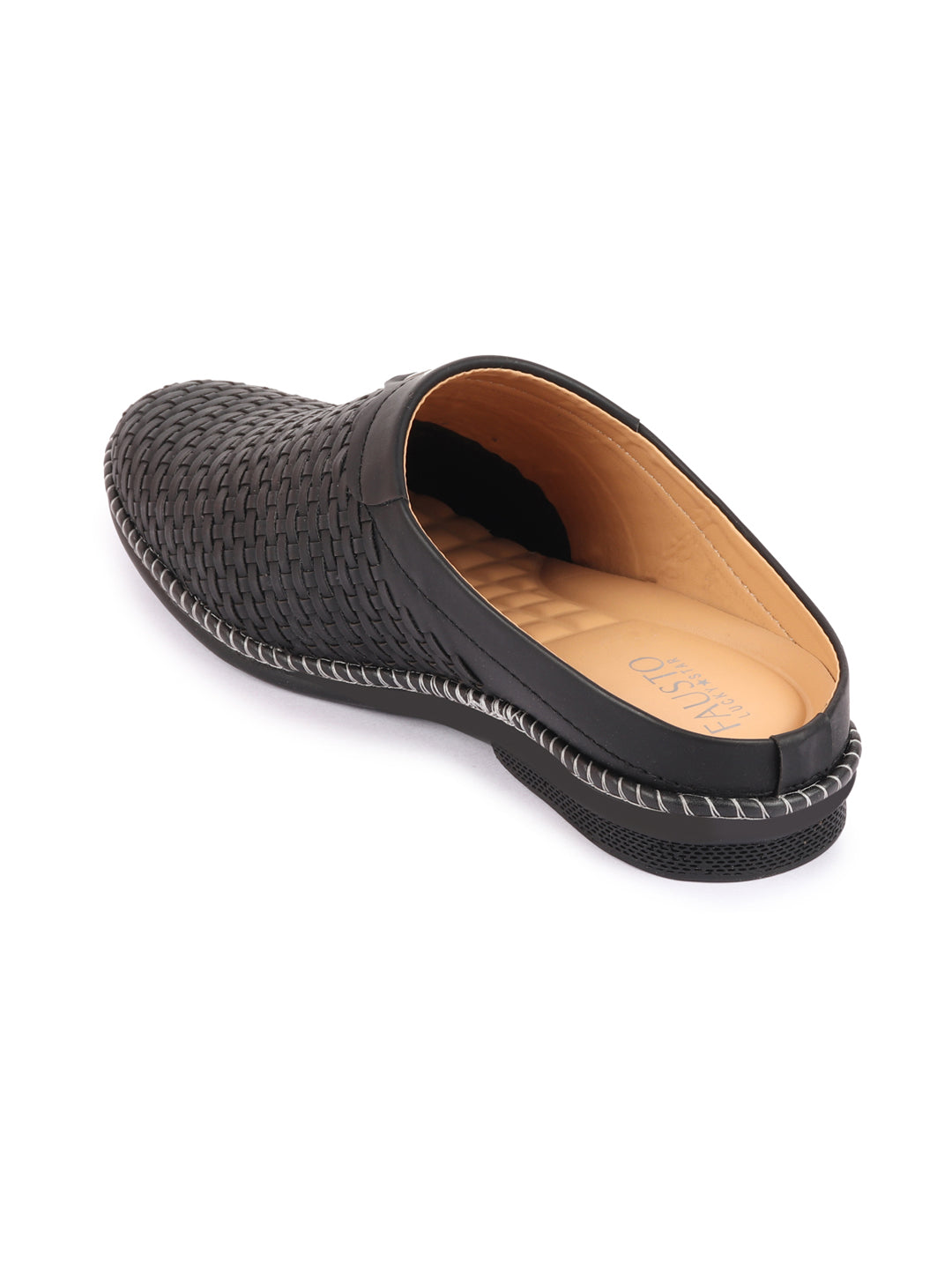 Men Black Back Open Knit Design Stitched Ethnic Casual Mules