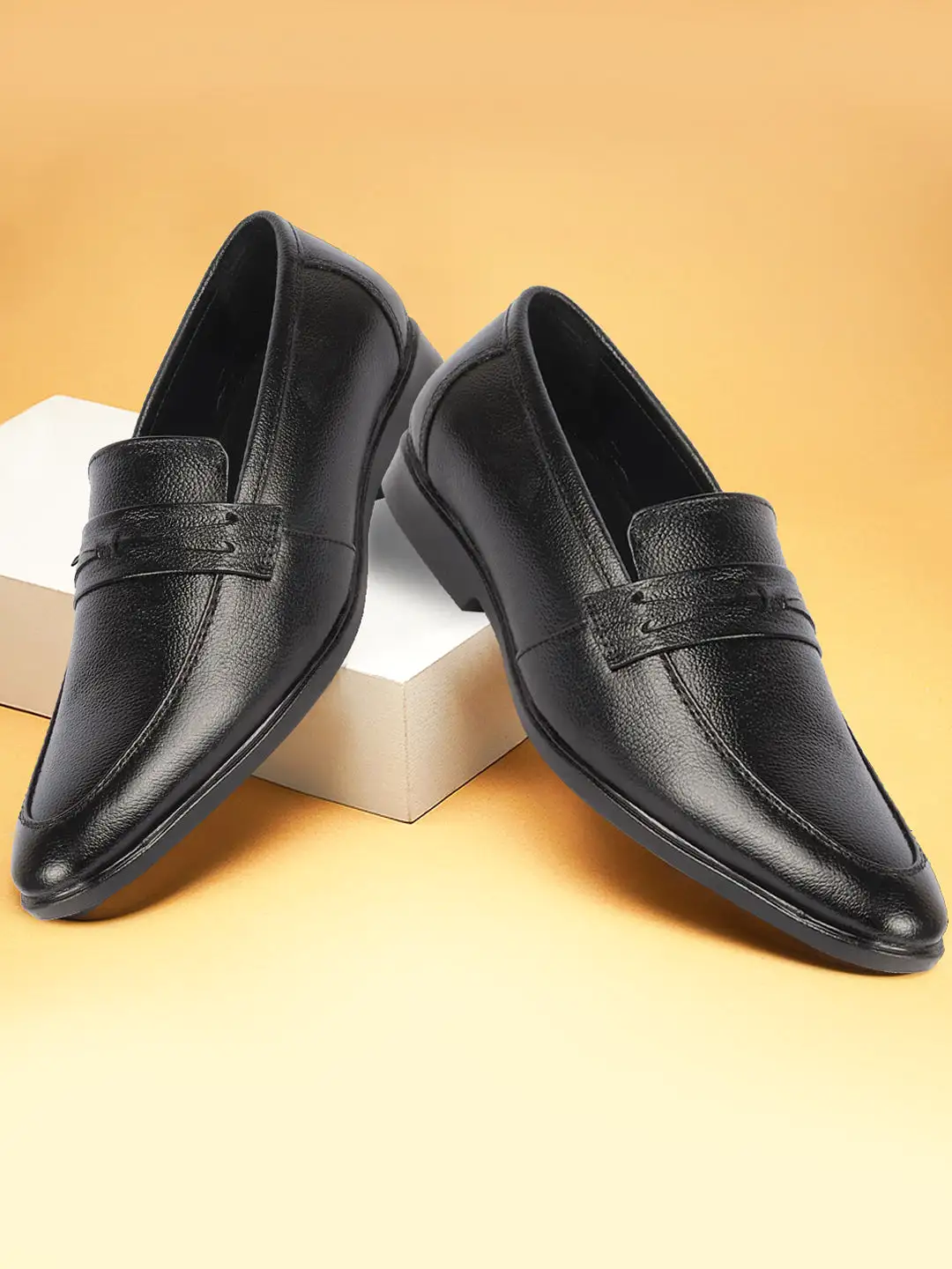 Men Black Formal Office Genuine Leather Pointed Toe Slip On Shoes with Comfort EVA Pad Insole