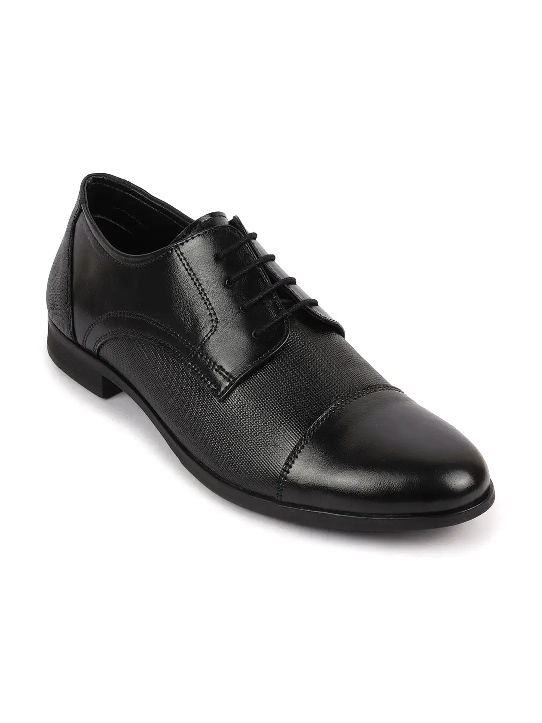 Men Black Formal Office Textured Design Cap Toe Genuine Leather Lace Up Shoes