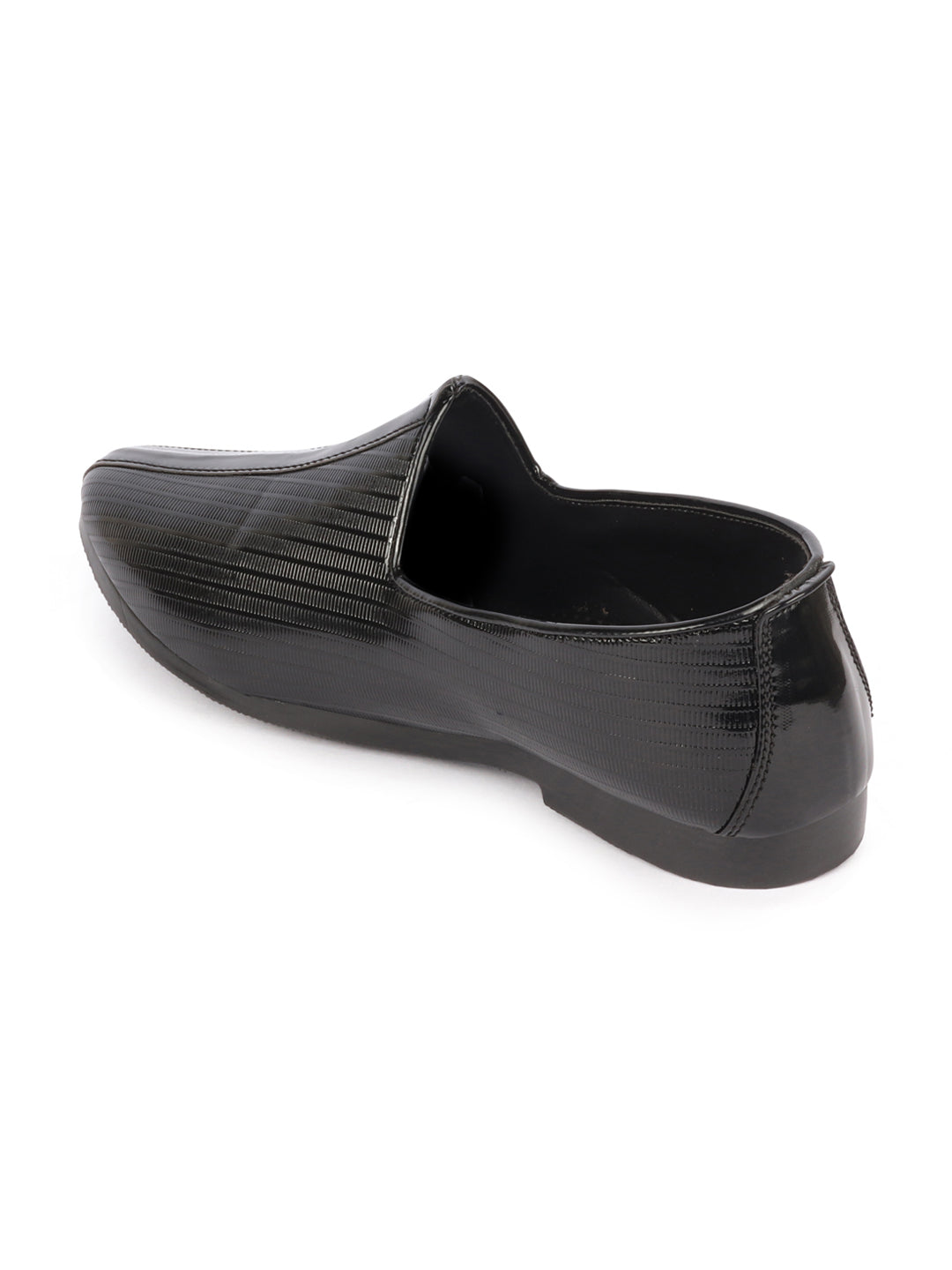 Men Black Glossy Shine Textured Design Wedding Festive Ethnic Slip On Jutis and Mojaris