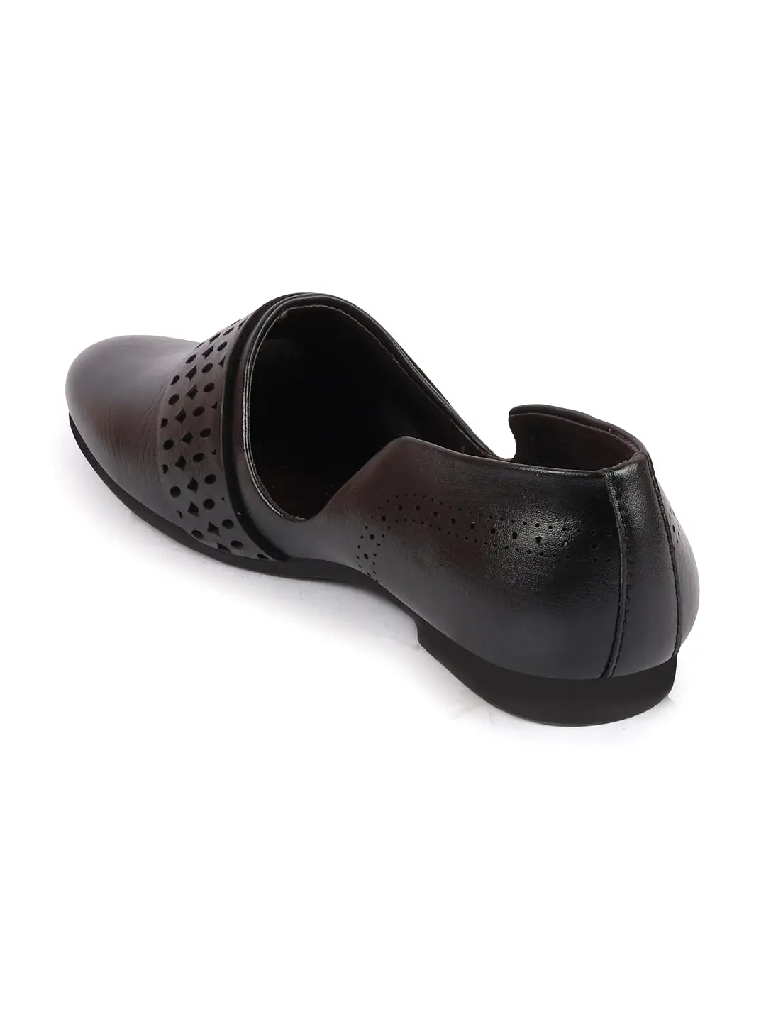 Men Black Laser Cut Design Side Open Broad Feet Ethnic Party Slip On Shoes