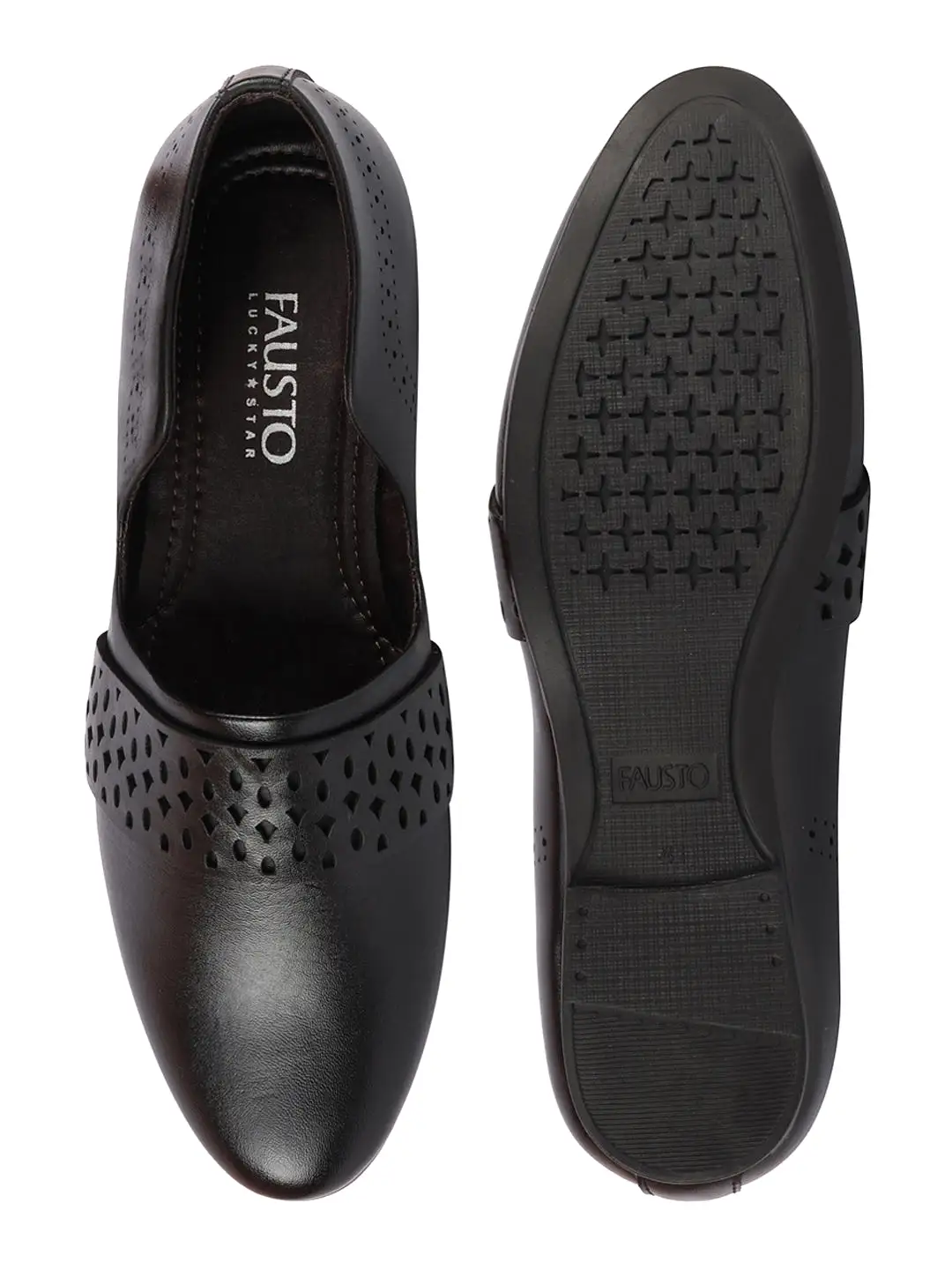 Men Black Laser Cut Design Side Open Broad Feet Ethnic Party Slip On Shoes