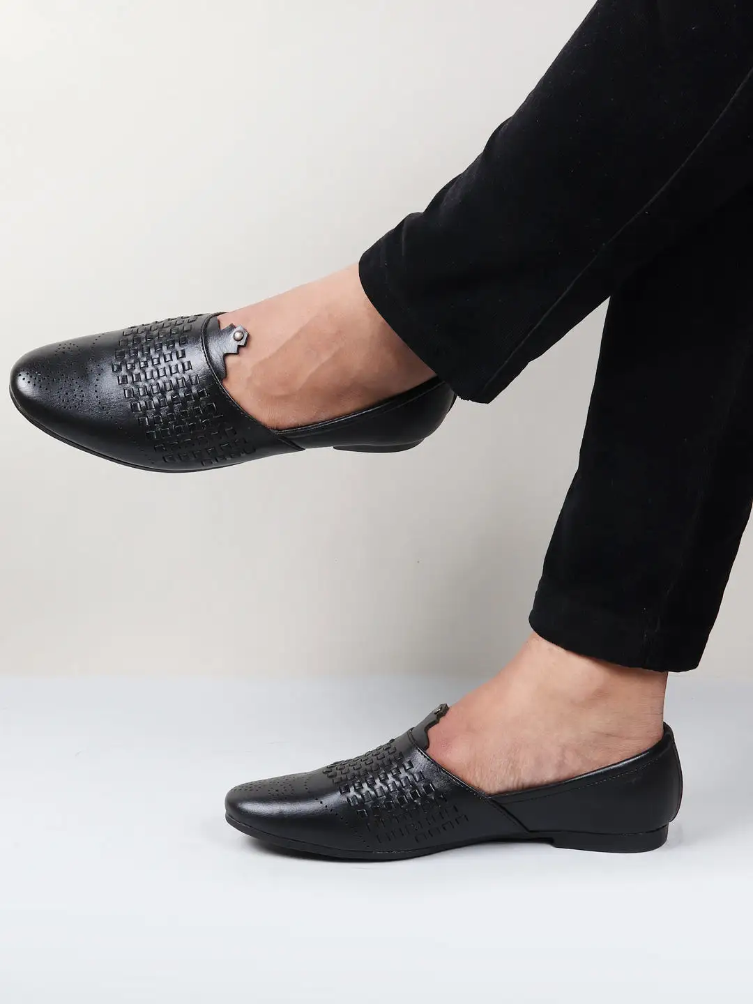 Men Black Laser Cut Knitted Design Ethnic Wedding Broad Feet Slip On Juttis and Mojaris