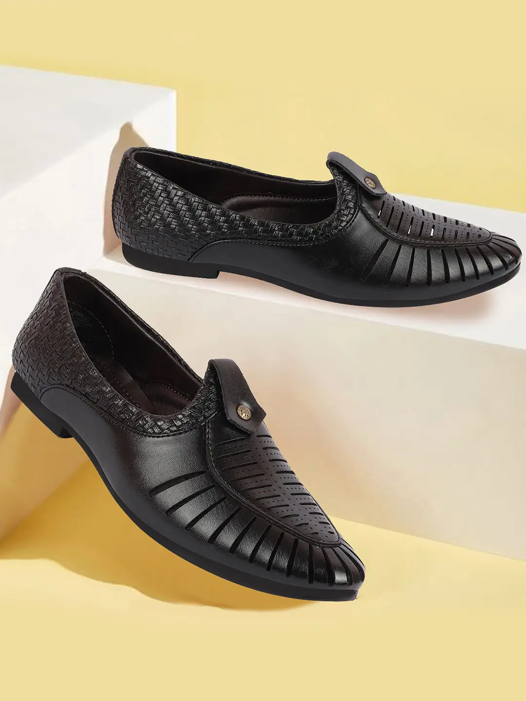 Men Black Laser Cut Knitted Design Ethnic Wedding Slip On Juttis and Mojaris