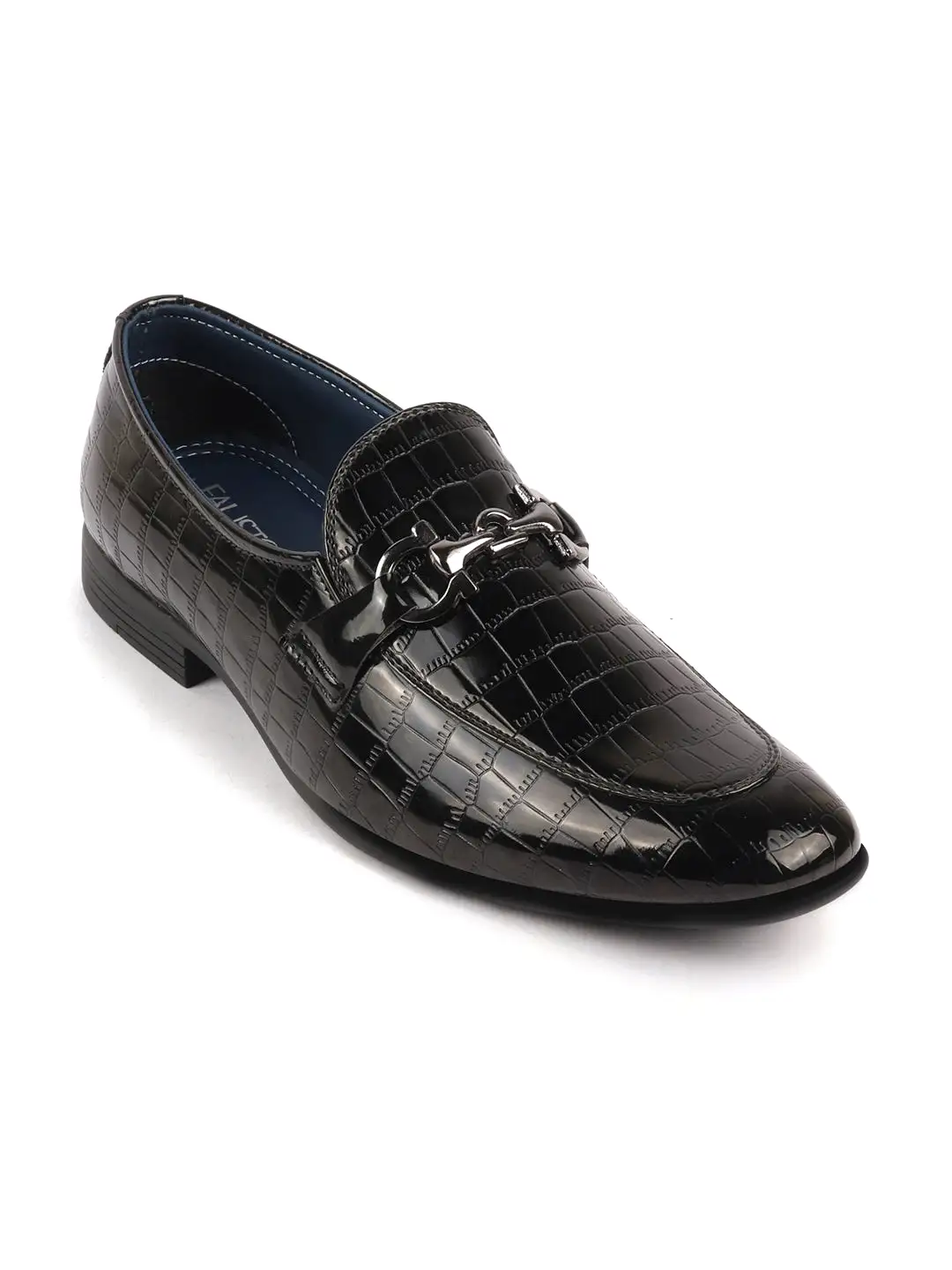 Men Black Party Formal Patent Leather Embossed Design Buckle Slip On Loafer Shoes