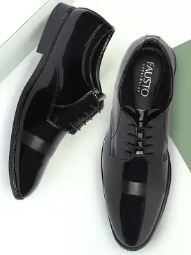 Men Black Patent Leather Party Formal Textured Strip Lace Up Shoes