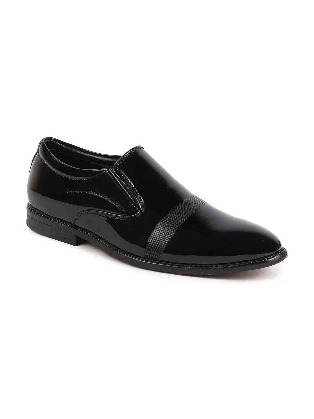 Men Black Patent Leather Party Formal Textured Strip Slip On Shoes