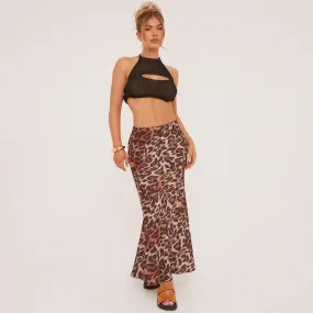 Mid Rise Maxi Skirt In Brown Leopard Print Satin