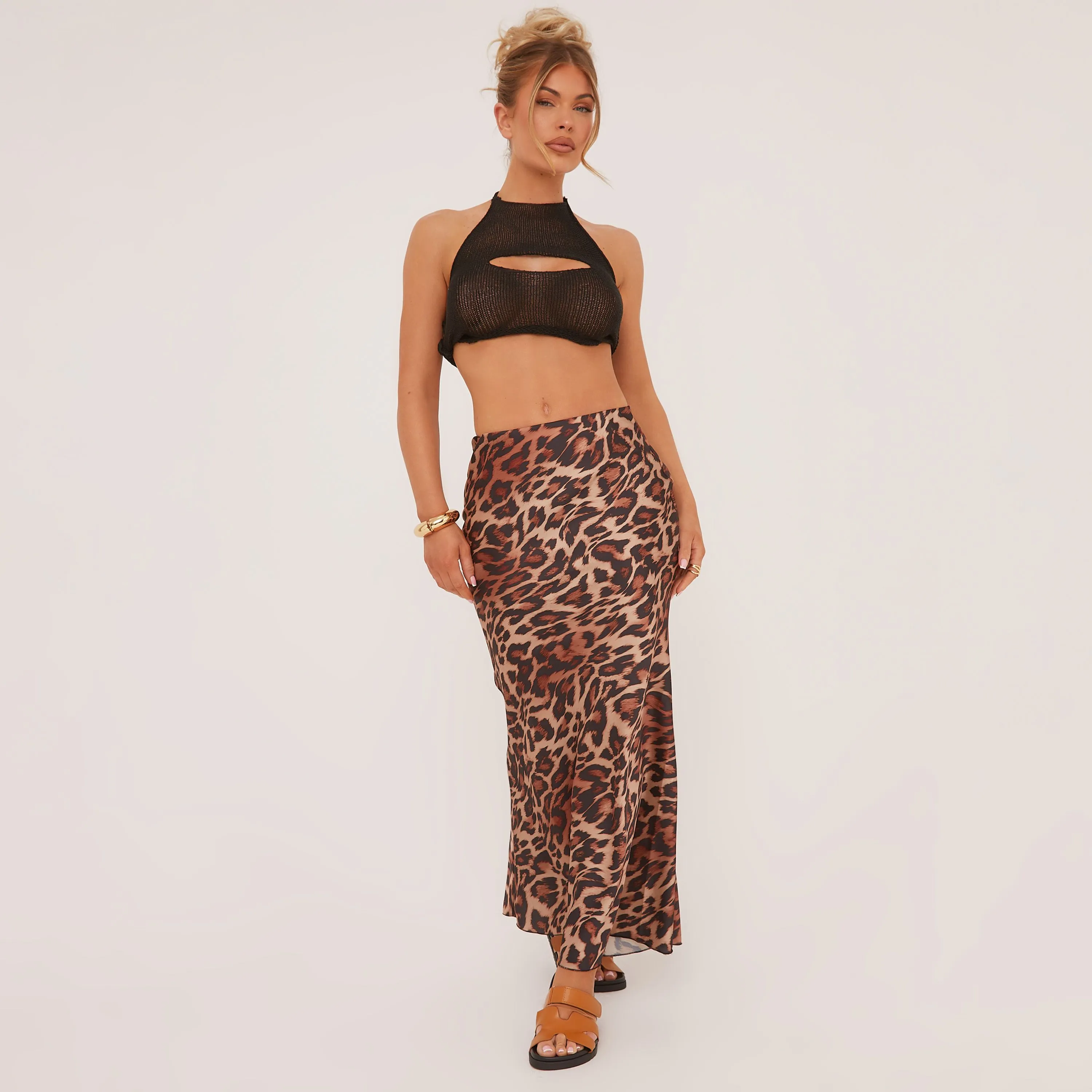 Mid Rise Maxi Skirt In Brown Leopard Print Satin