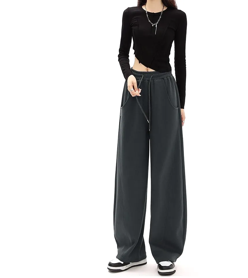 Mid-Waist Drawstring Pocketed Wide-Leg Plain Sweatpants dd22