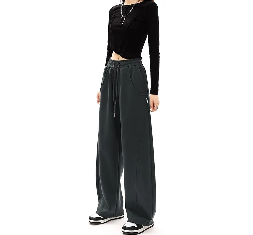 Mid-Waist Drawstring Pocketed Wide-Leg Plain Sweatpants dd22