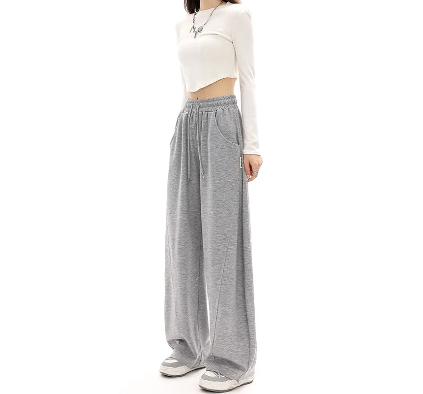 Mid-Waist Drawstring Pocketed Wide-Leg Plain Sweatpants dd22