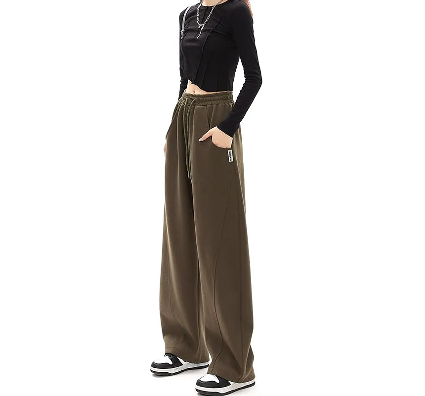 Mid-Waist Drawstring Pocketed Wide-Leg Plain Sweatpants dd22