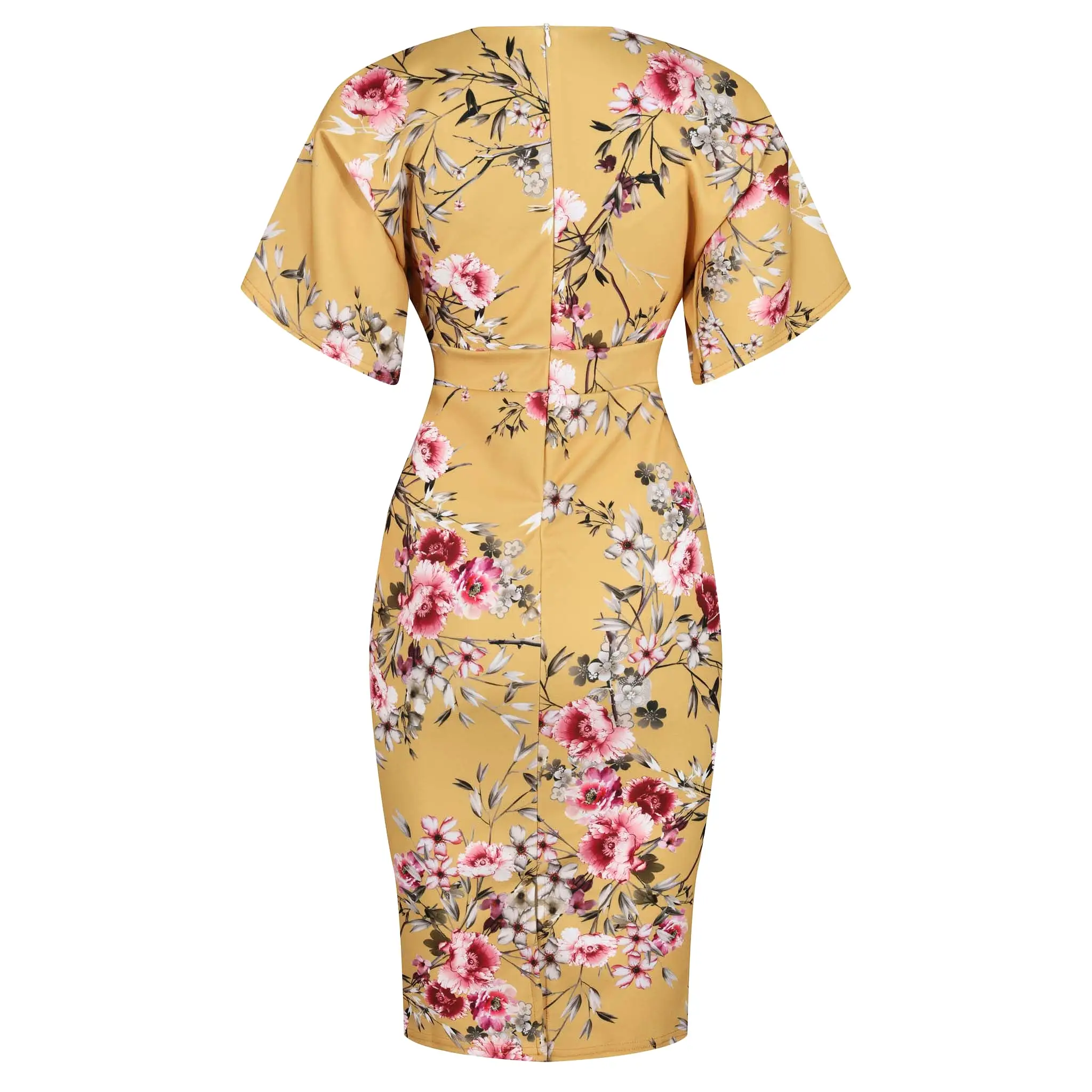 Mustard Floral Half Batwing Sleeve Crossover Top Pencil Dress