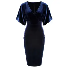 Navy Blue Velour Half Batwing Sleeve Crossover Top Wiggle Dress