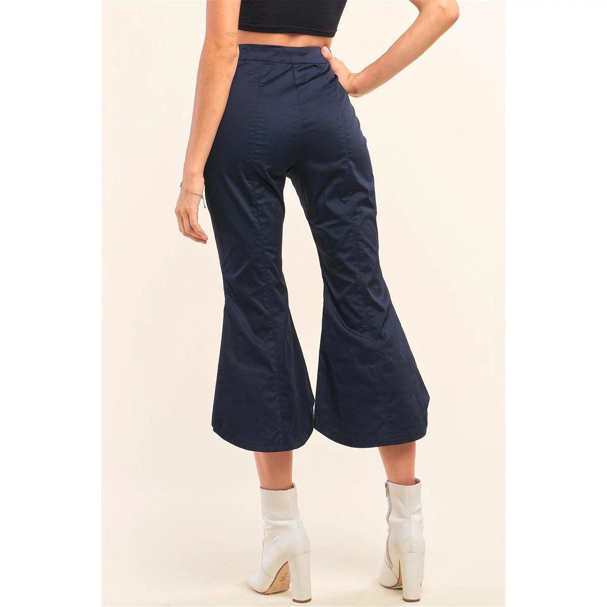 Navy Solid High Waisted Retro Bell Bottom Flare Pants