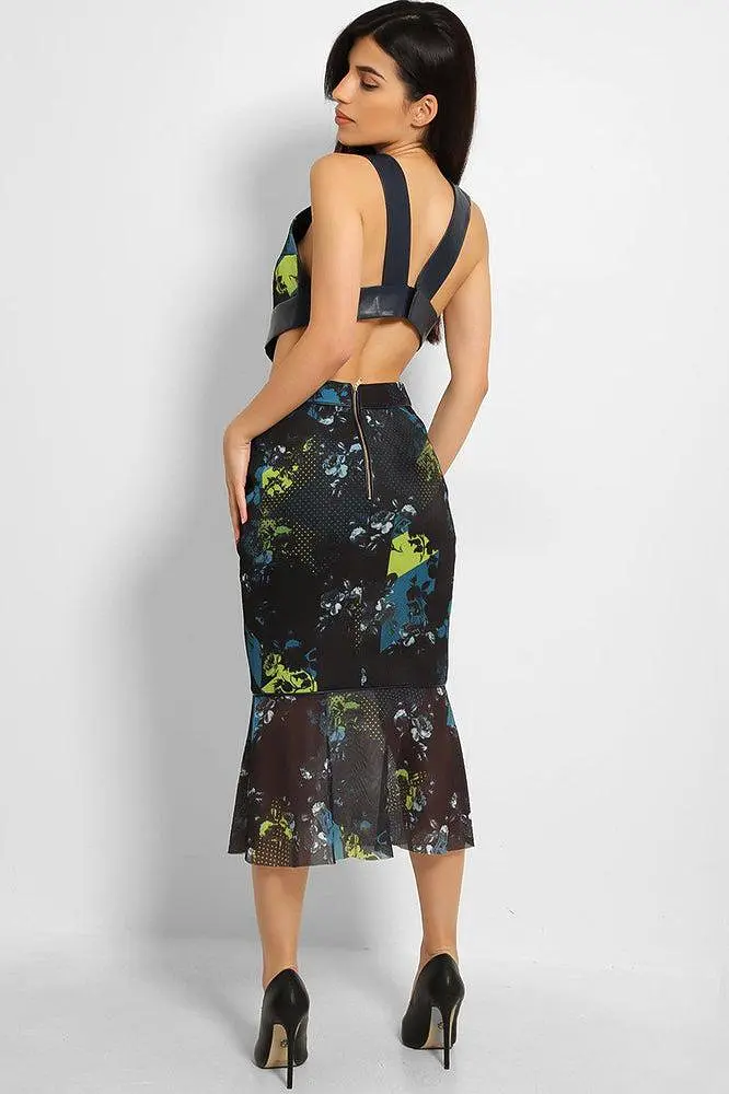 Navy Teal Dimple Floral Print Mesh Structured Skirt