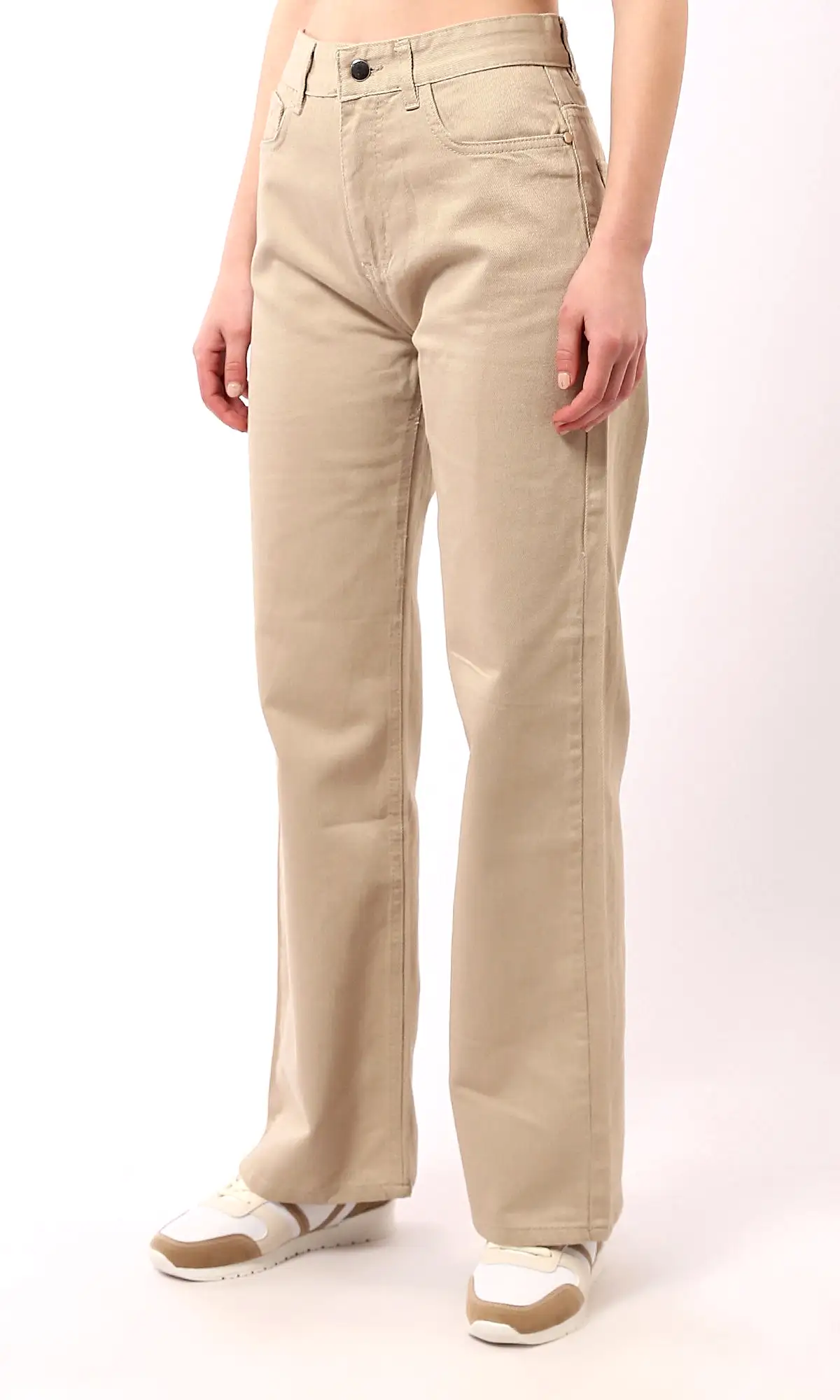 O189385 Beige Wide-Leg Casual Jeans With Pockets