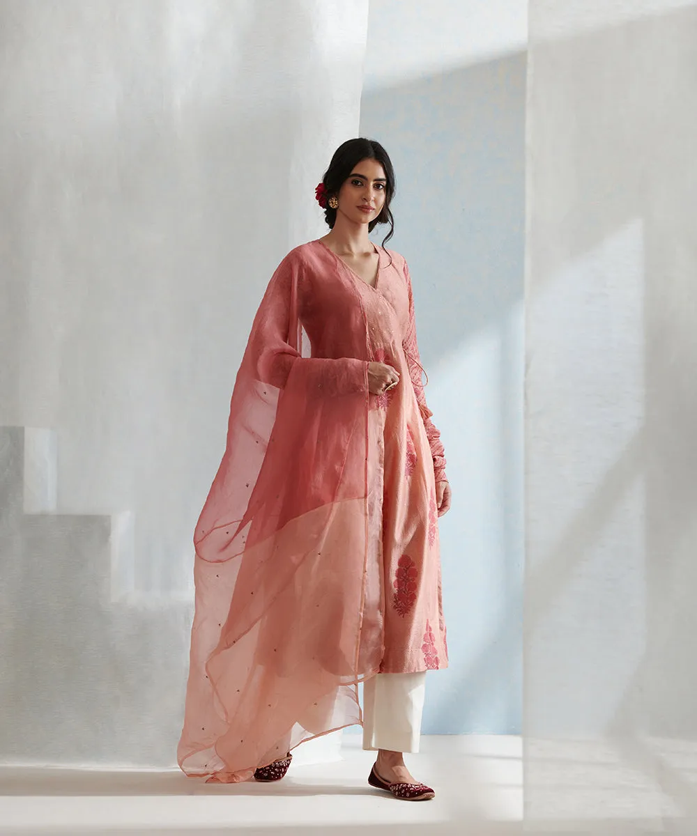 Old Rose Handloom Chanderi Angrakha Set with Wide Pants And Organza Dupatta