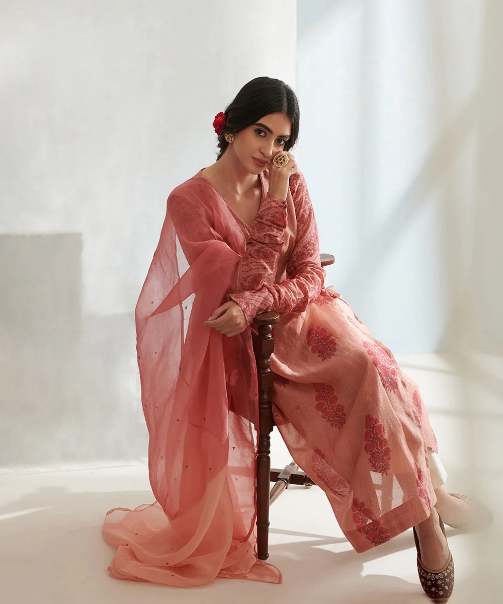 Old Rose Handloom Chanderi Angrakha Set with Wide Pants And Organza Dupatta