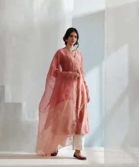 Old Rose Handloom Chanderi Angrakha Set with Wide Pants And Organza Dupatta