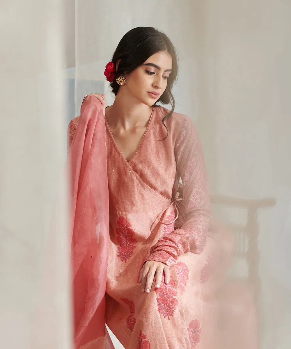 Old Rose Handloom Chanderi Angrakha Set with Wide Pants And Organza Dupatta