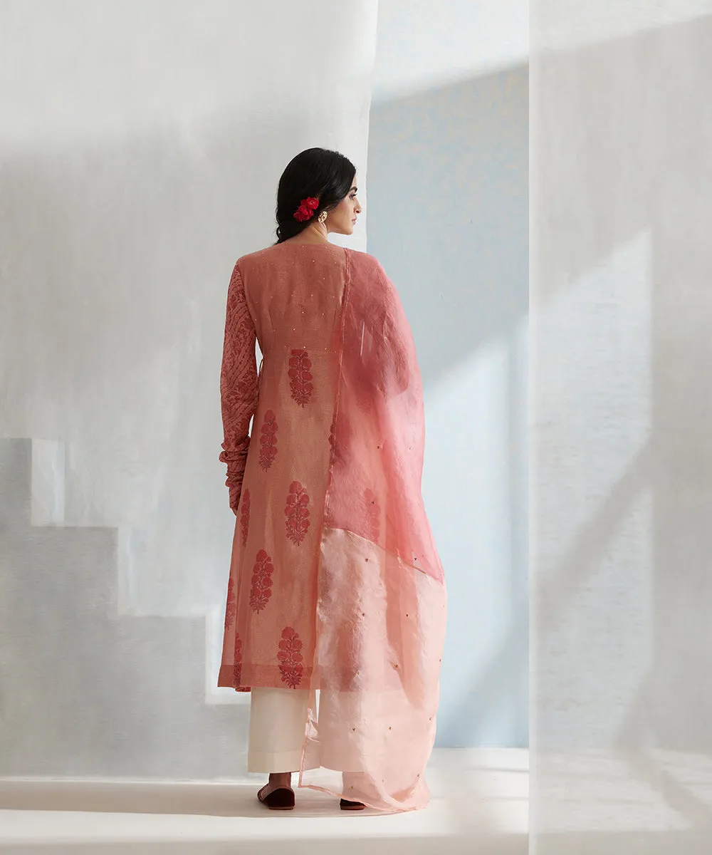 Old Rose Handloom Chanderi Angrakha Set with Wide Pants And Organza Dupatta