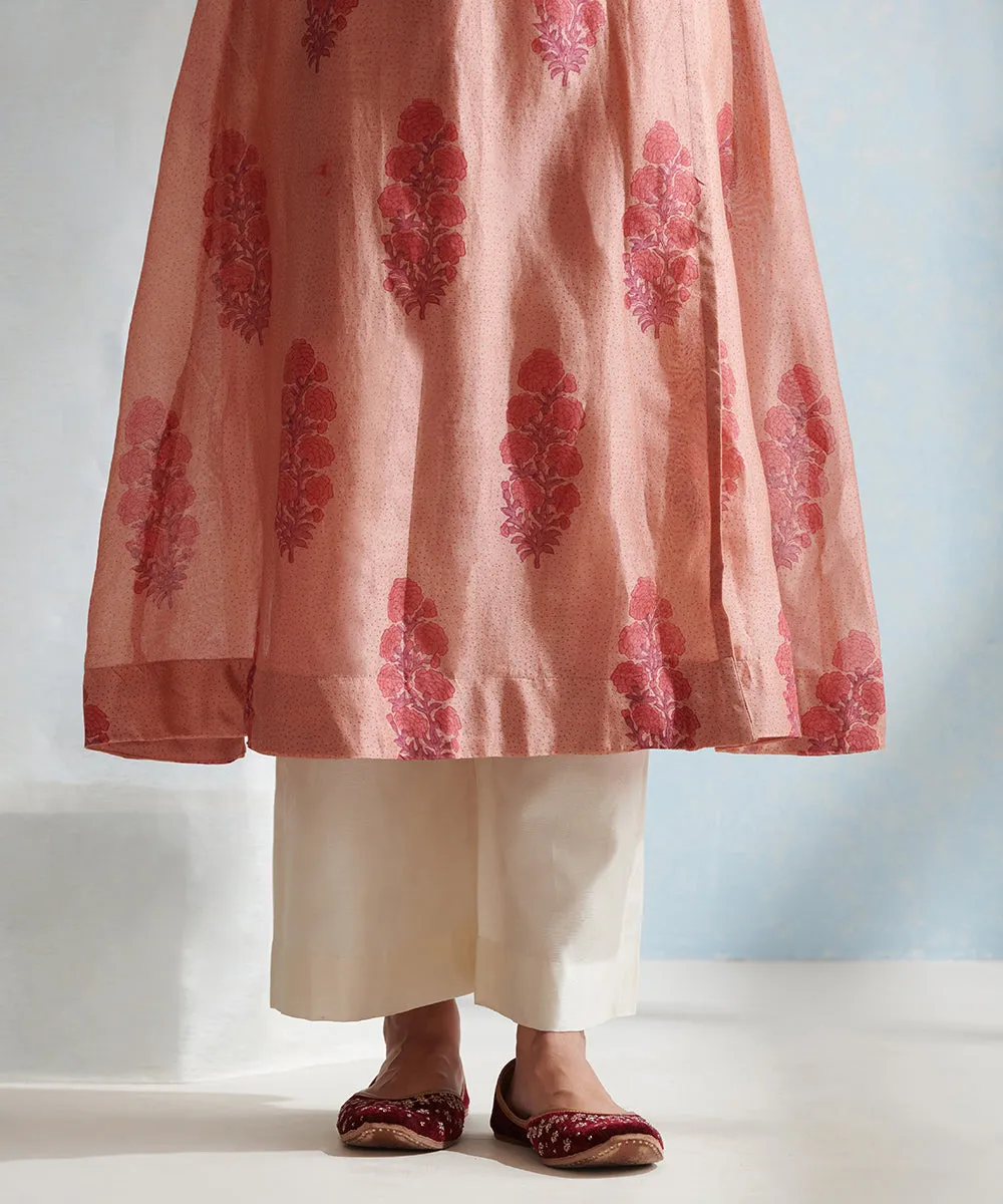 Old Rose Handloom Chanderi Angrakha Set with Wide Pants And Organza Dupatta