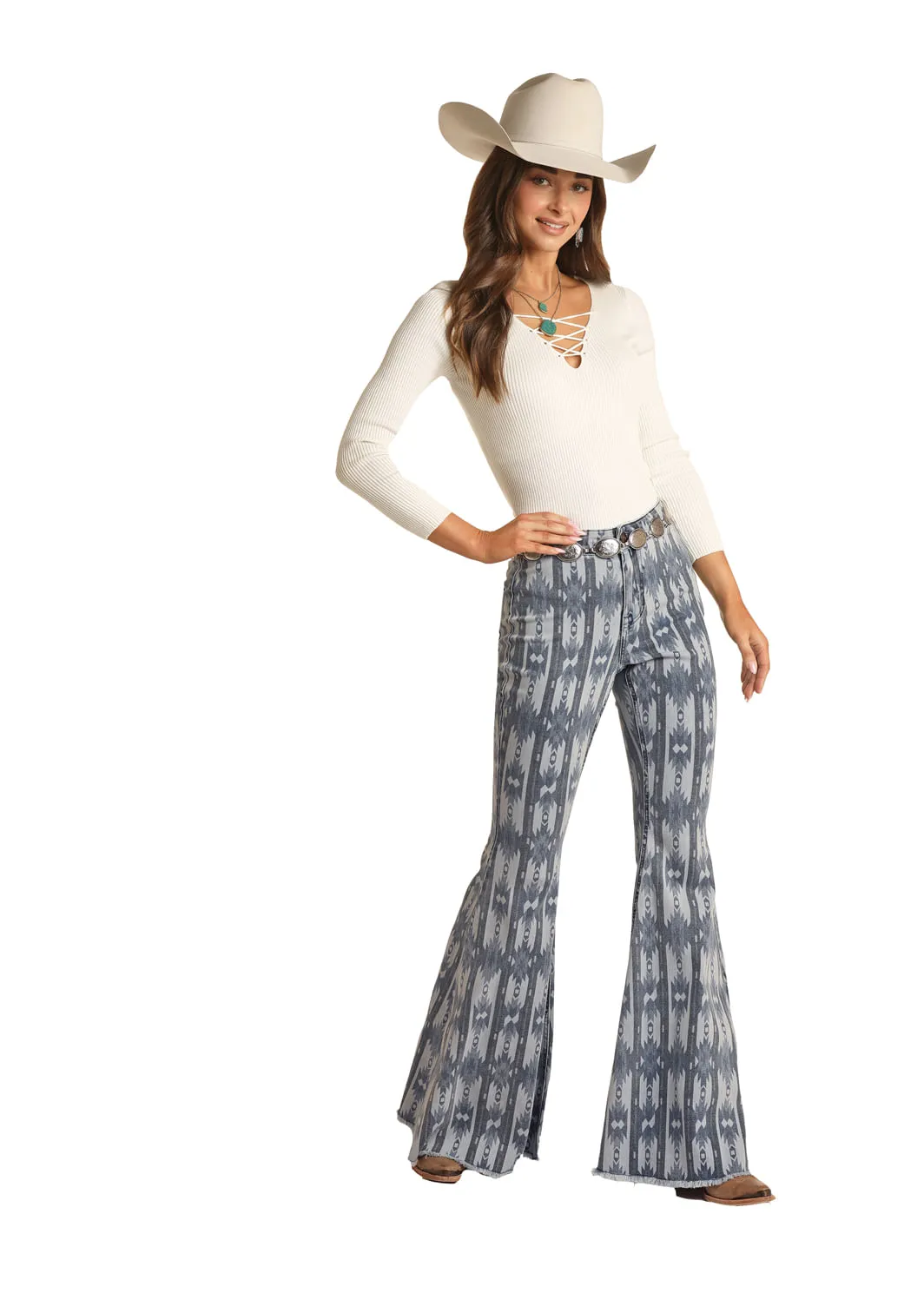 Panhandle Slim Women High  Rise Extra Stretch Aztec Print  Bell Bottom Jeans