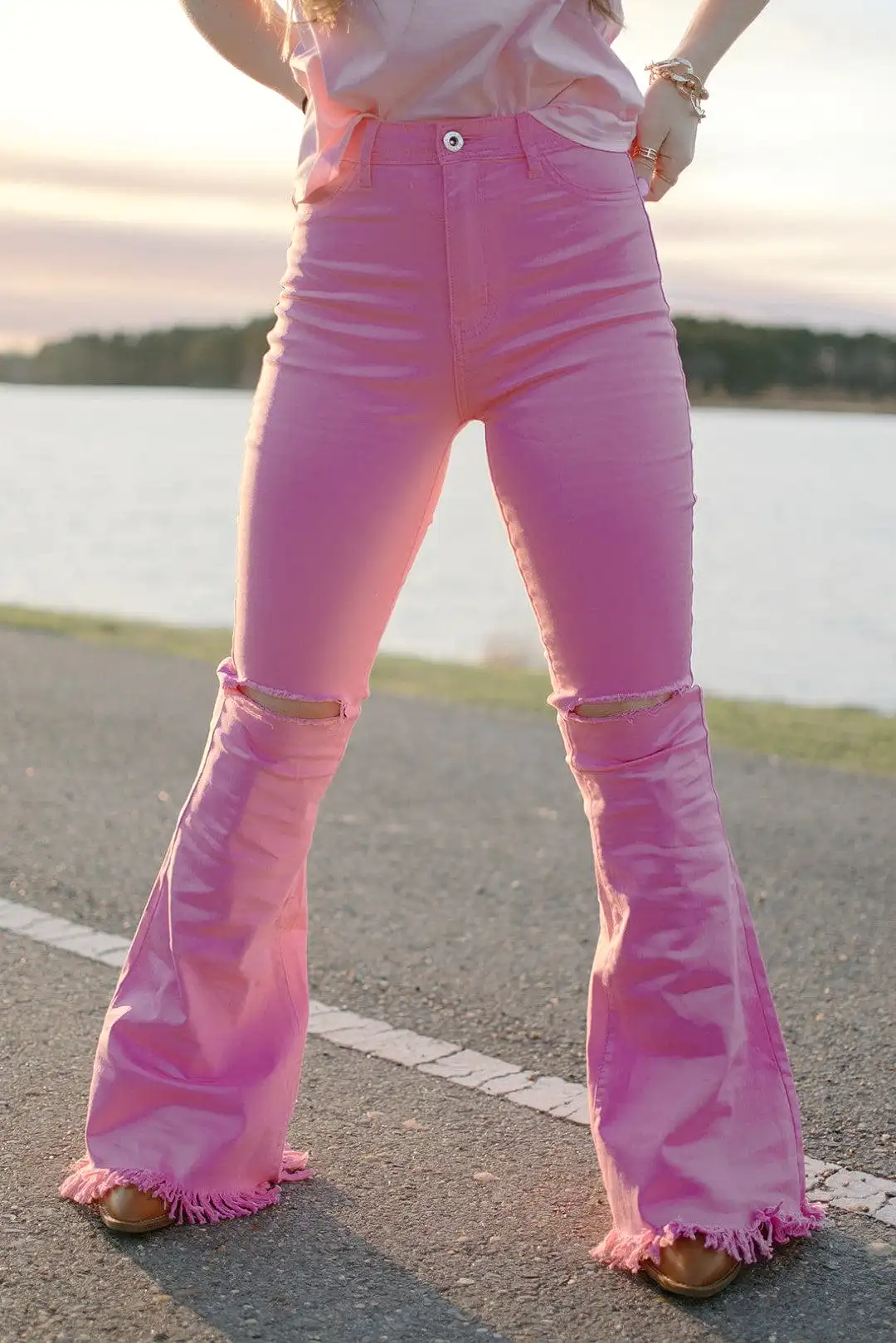 Pink Super Stretch Fray Flares