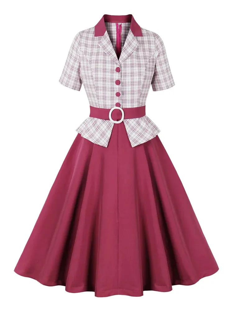 Plaid and Fuchsia Formal Peplum Dress Women Elegant Notched Collar Button Up Patchwork Vintage Midi Ladies Dresses