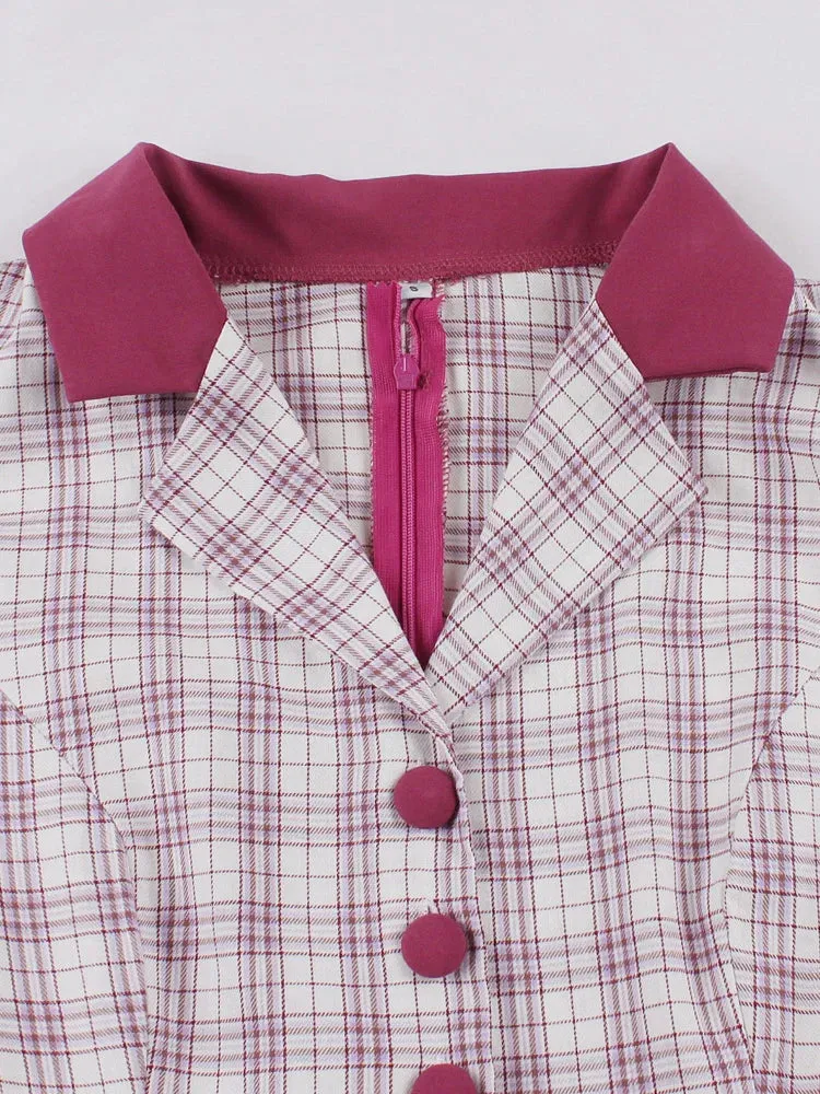 Plaid and Fuchsia Formal Peplum Dress Women Elegant Notched Collar Button Up Patchwork Vintage Midi Ladies Dresses