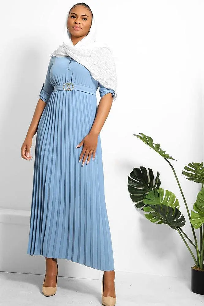 Pleated Skirt Logo Belt Buttoned Modest Dress