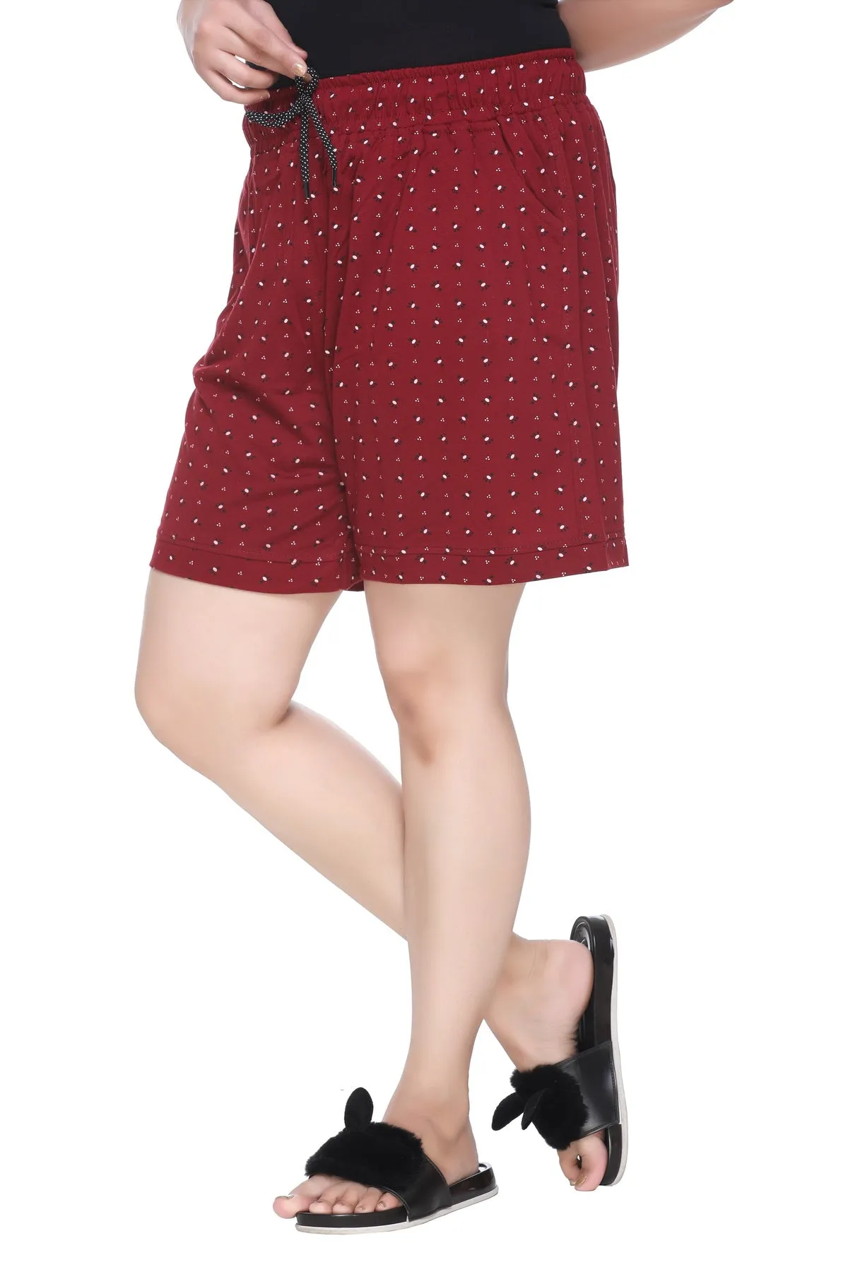 Plus Size Cotton Shorts For Women - Printed Bermuda - Cherry Red