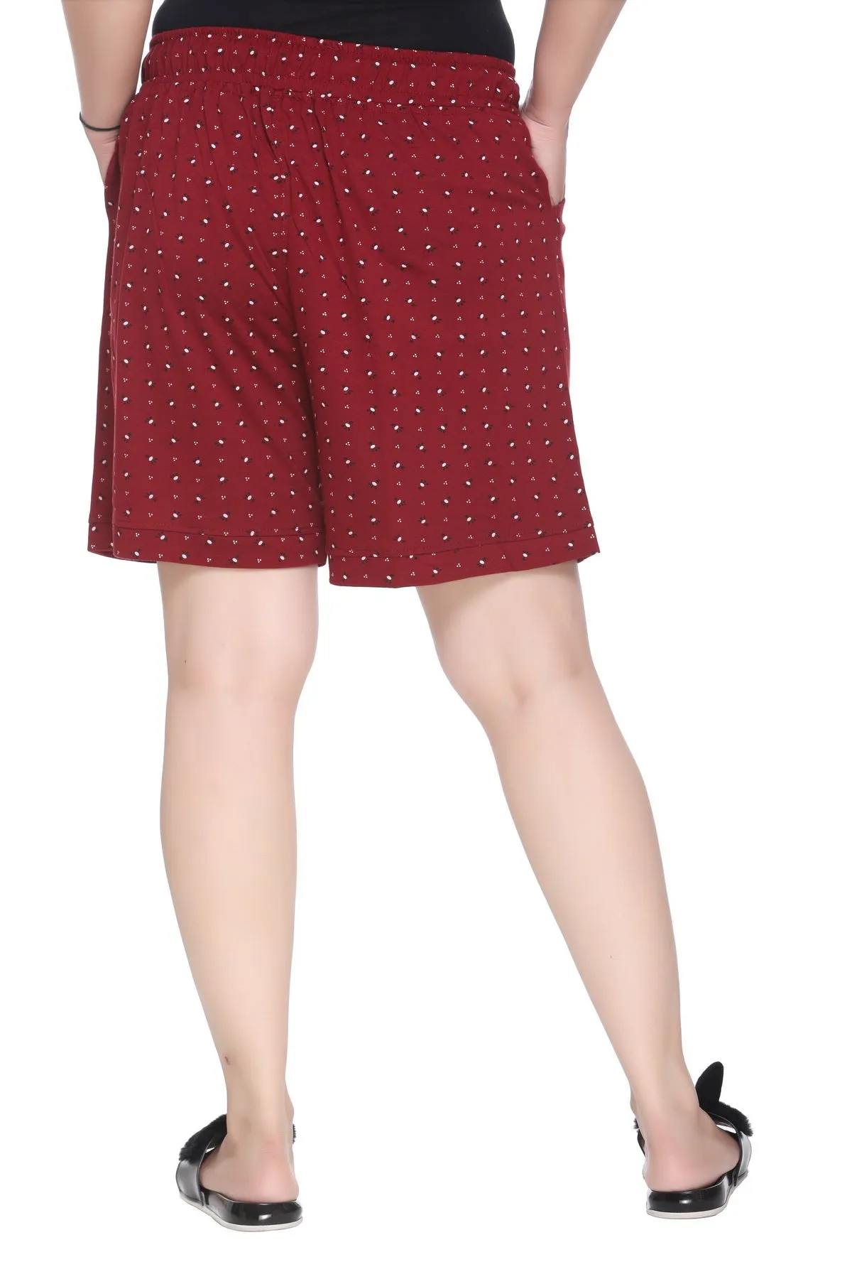 Plus Size Cotton Shorts For Women - Printed Bermuda - Cherry Red