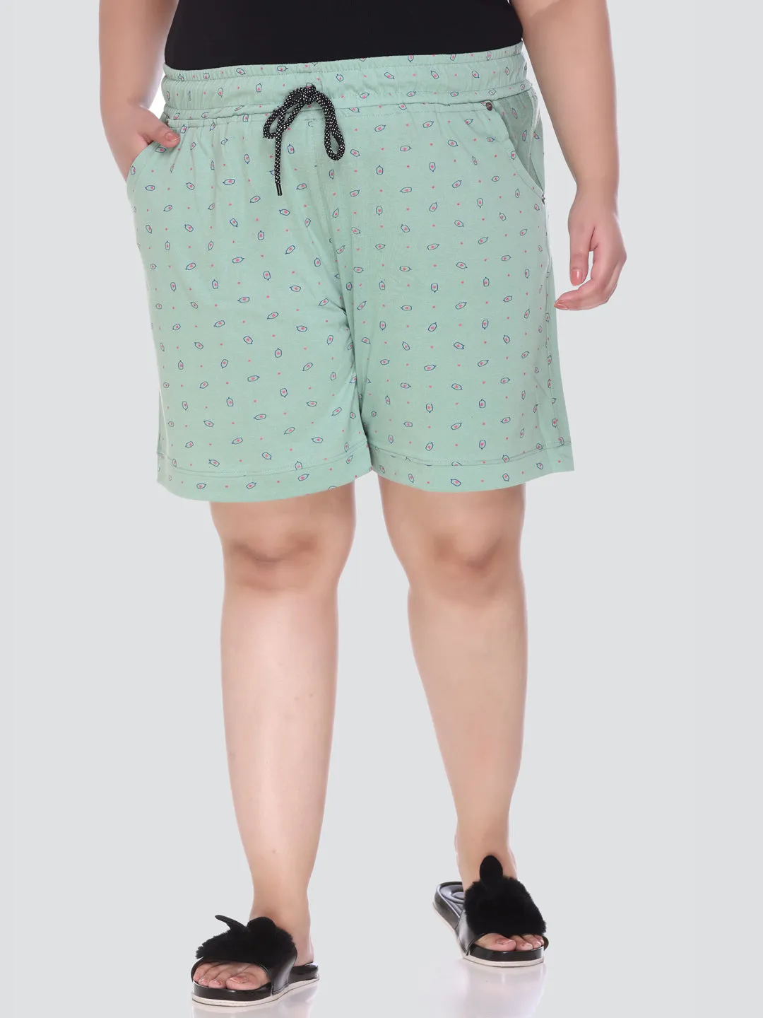 Plus Size Cotton Shorts For Women - Printed Bermuda - Pistachio