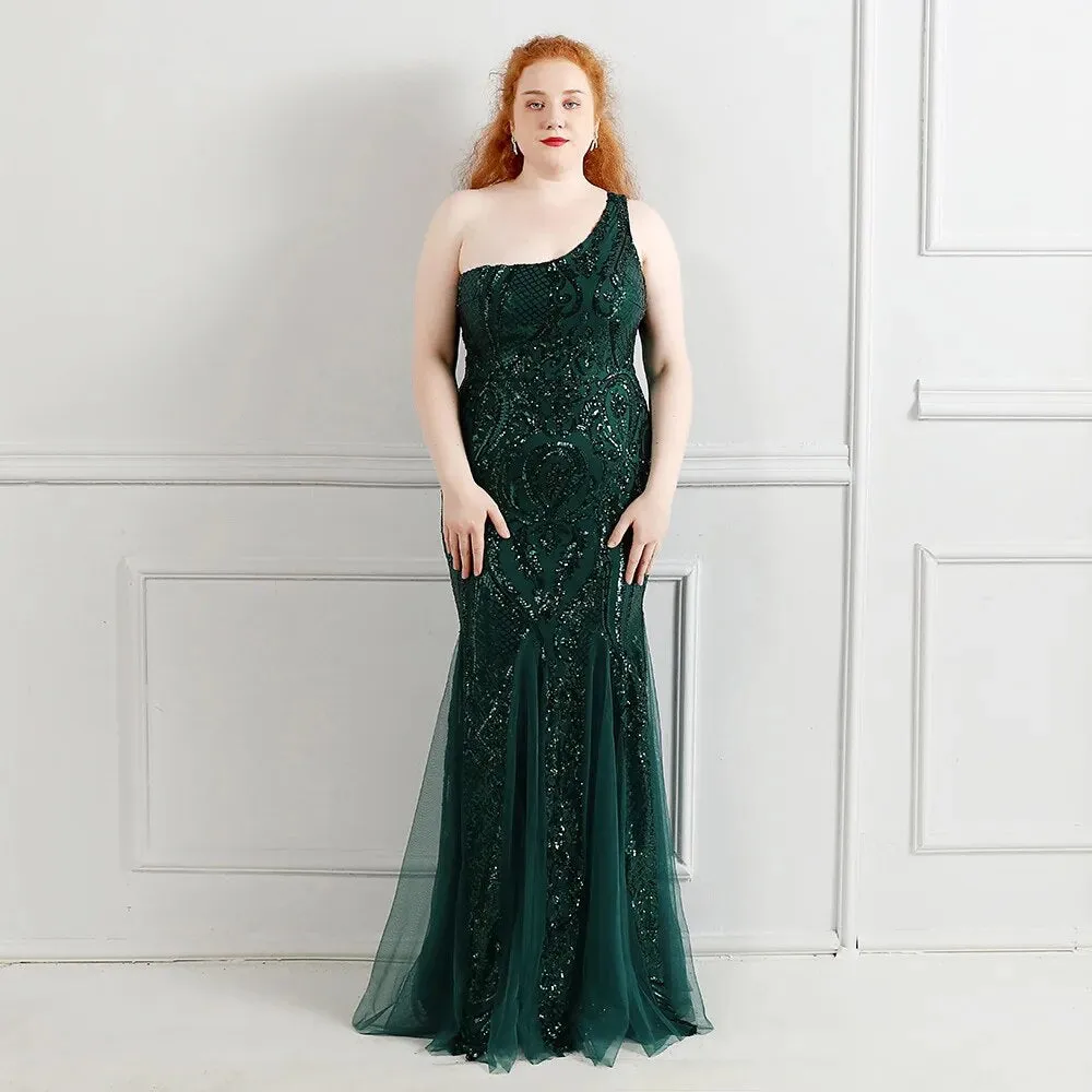 Plus Size Elegant One Shoulder Green Long Sequin Evening Dress New Women Party Dress Wedding Wear