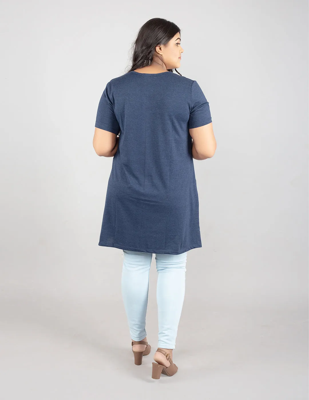 Plus Size Long T-shirt For Women - Half Sleeve - Denim Blue